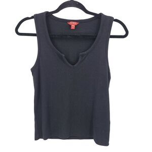 90s Guess Black Ribbed‎ Knit Womens Tank Top Sz M Split Collar Stretch Baddie